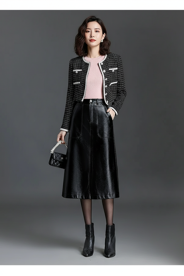 Jupe Midi Cuir Pu Noire Décontractée