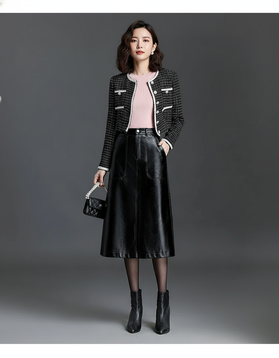 Jupe Midi Cuir Pu Noire Décontractée