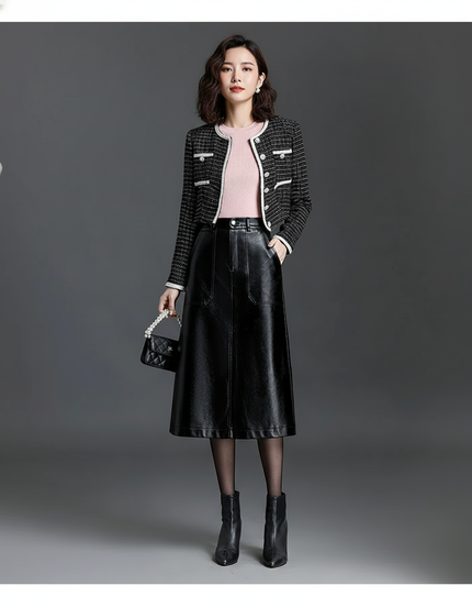 Jupe Midi Cuir Pu Noire Décontractée