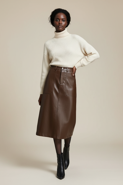 Jupe Midi Marron Simili Cuir Décontractée