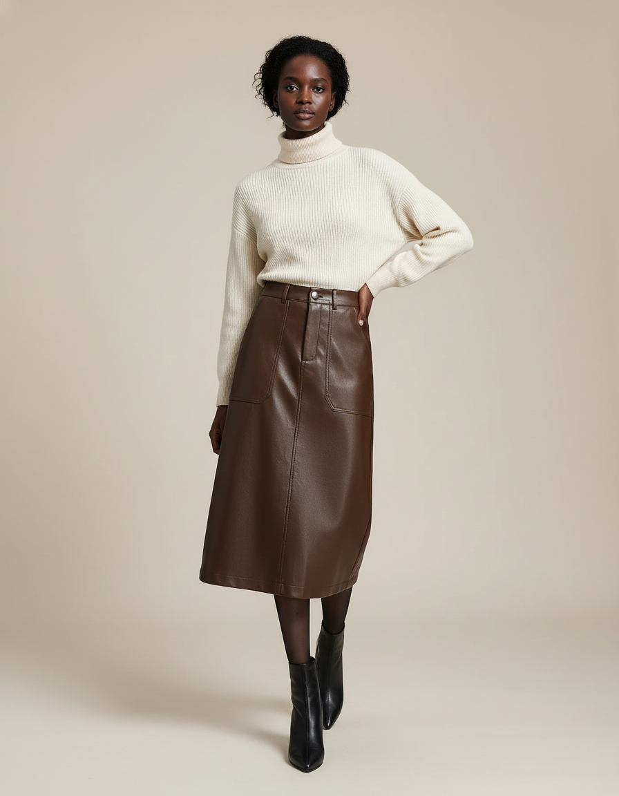 Jupe Midi Marron Simili Cuir Décontractée