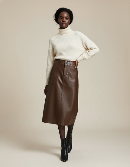 Jupe Midi Marron Simili Cuir Décontractée