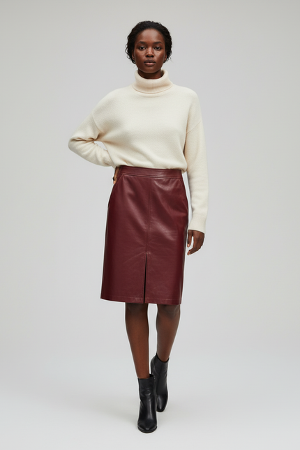 Jupe Midi Cuir Bordeaux Élégante