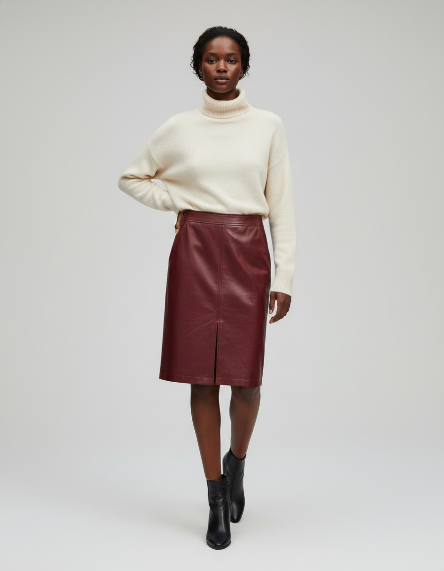 Jupe Midi Cuir Bordeaux Élégante