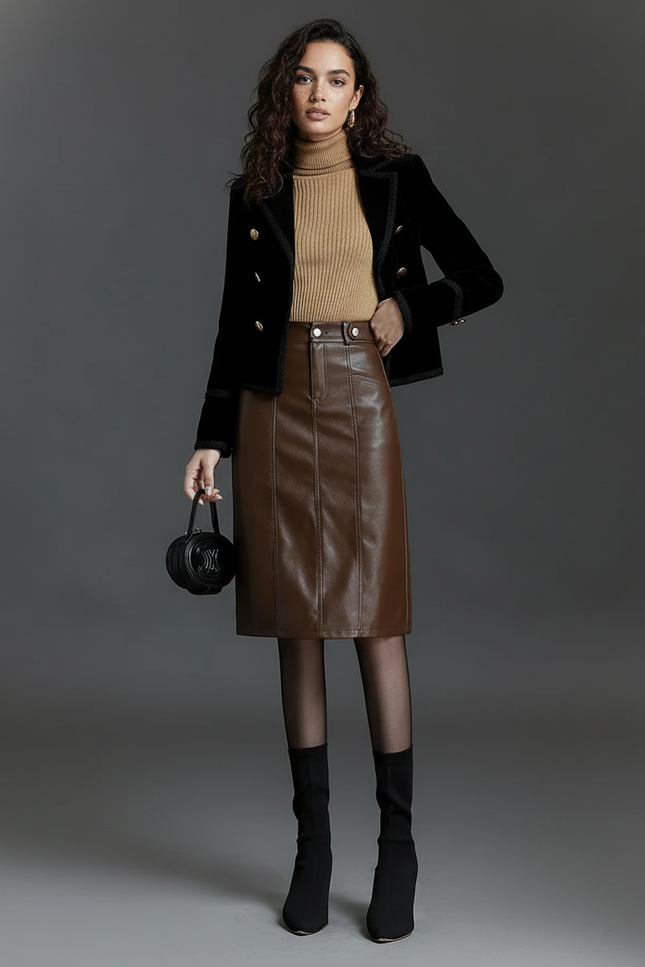 Jupe Midi Similicuir Marron Chic