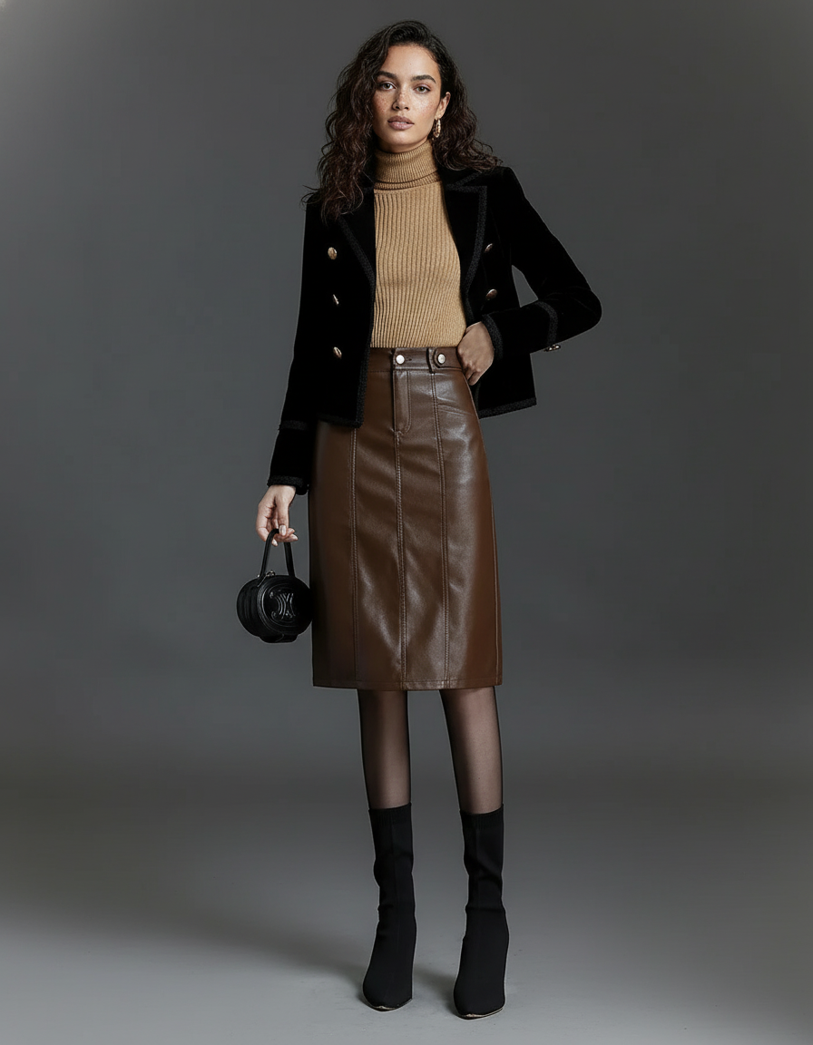 Jupe Midi Similicuir Marron Chic