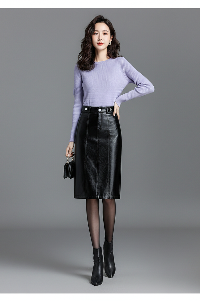 Jupe Midi Cuir Pu Noire Chic