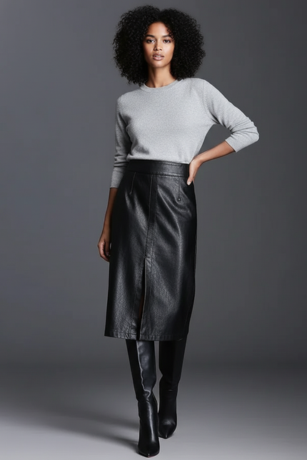 Jupe Midi Simili Cuir Fente Élégante