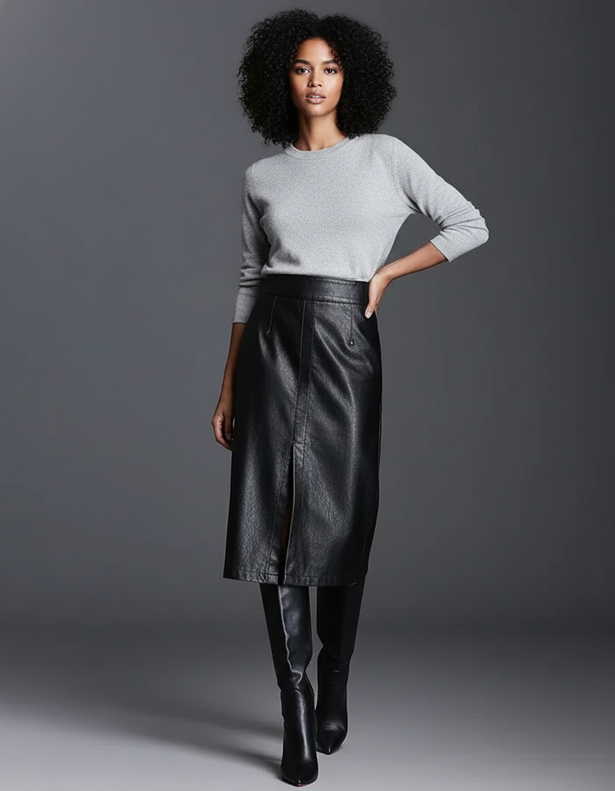 Jupe Midi Simili Cuir Fente Élégante