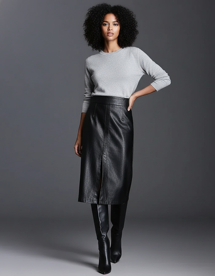 Jupe Midi Simili Cuir Fente Élégante