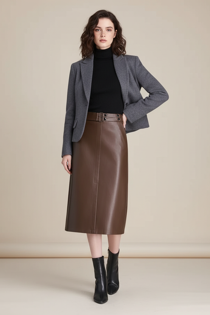 Jupe Midi Similicuir Marron Élégante