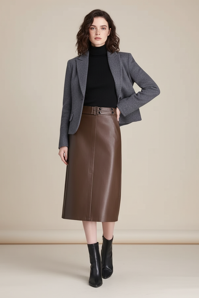 Jupe Midi Similicuir Marron Élégante