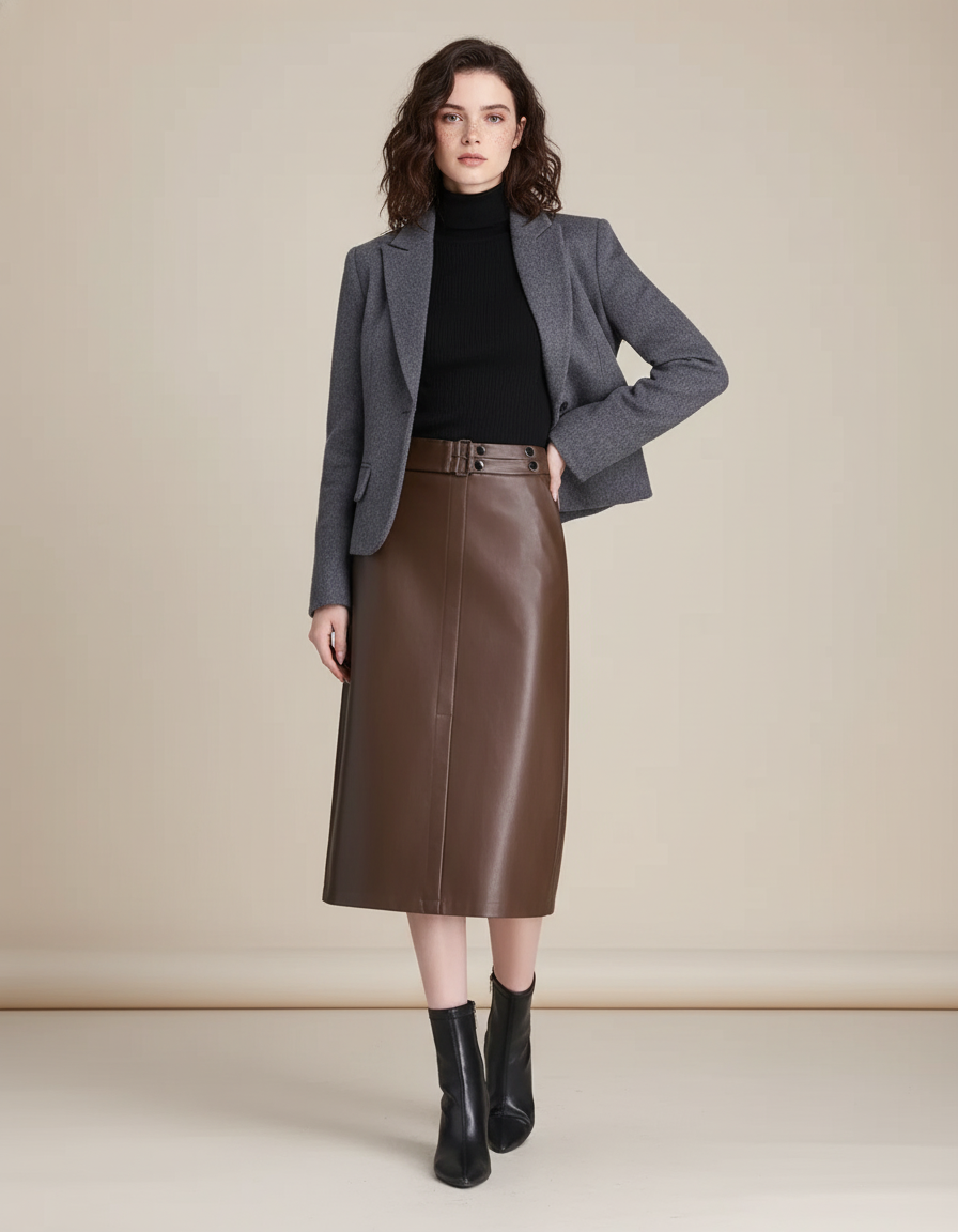 Jupe Midi Similicuir Marron Élégante