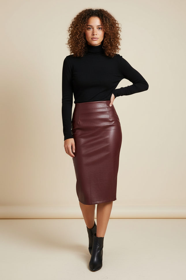 Jupe Midi Similicuir Bordeaux Chic