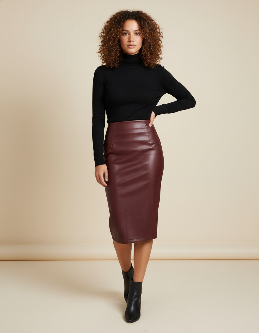 Jupe Midi Similicuir Bordeaux Chic