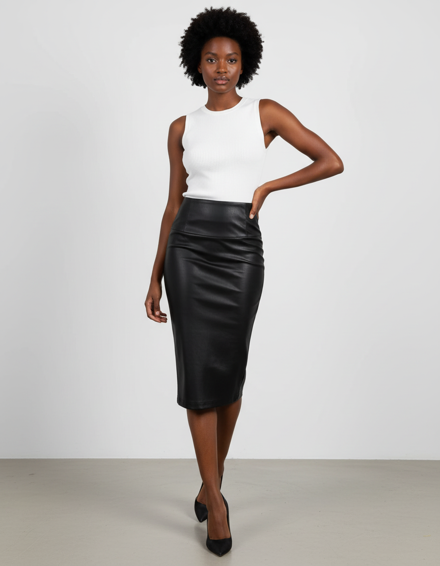 Jupe Midi Noire Similicuir Élégante tendance