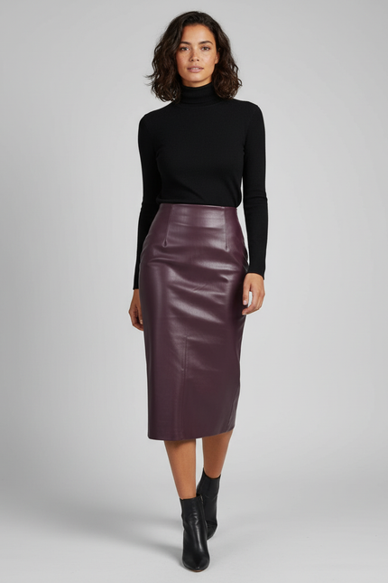 Jupe Midi Cuir Bordeaux Élégante sophistiquée