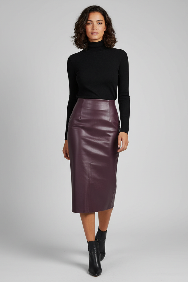 Jupe Midi Cuir Bordeaux Élégante sophistiquée