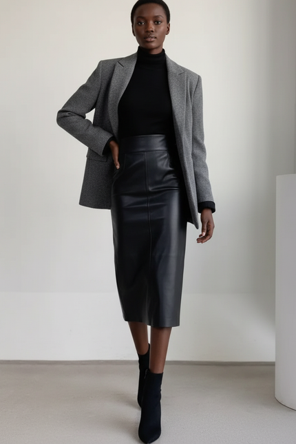 Jupe Midi Similicuir Noire Élégante rock