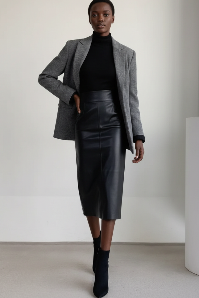 Jupe Midi Similicuir Noire Élégante rock