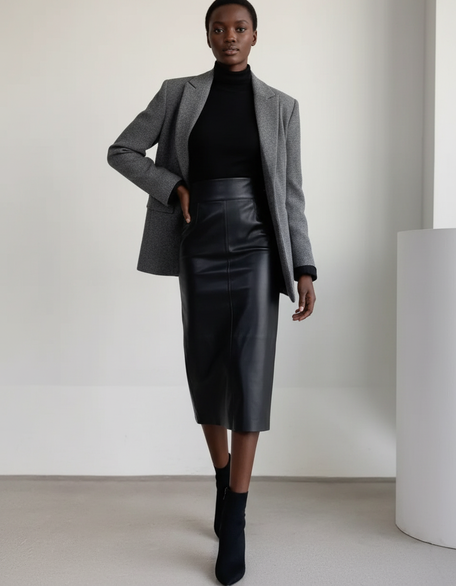 Jupe Midi Similicuir Noire Élégante rock