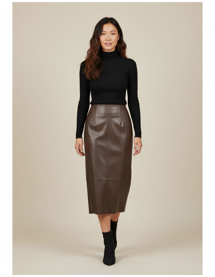 Jupe Midi Marron Similicuir Chic