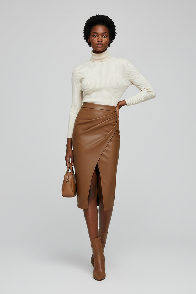 Jupe Midi Similicuir Fendue Chic ajustée