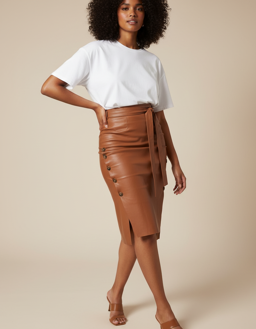 Jupe Midi Simili Cuir Marron Élégante