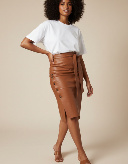 Jupe Midi Simili Cuir Marron Élégante