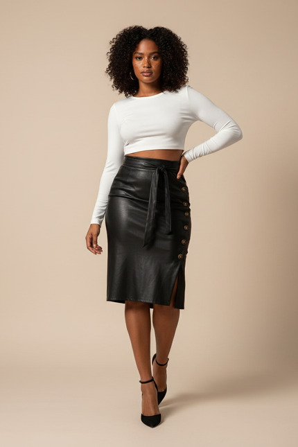 Jupe Midi Simili Cuir Boutonnée Chic
