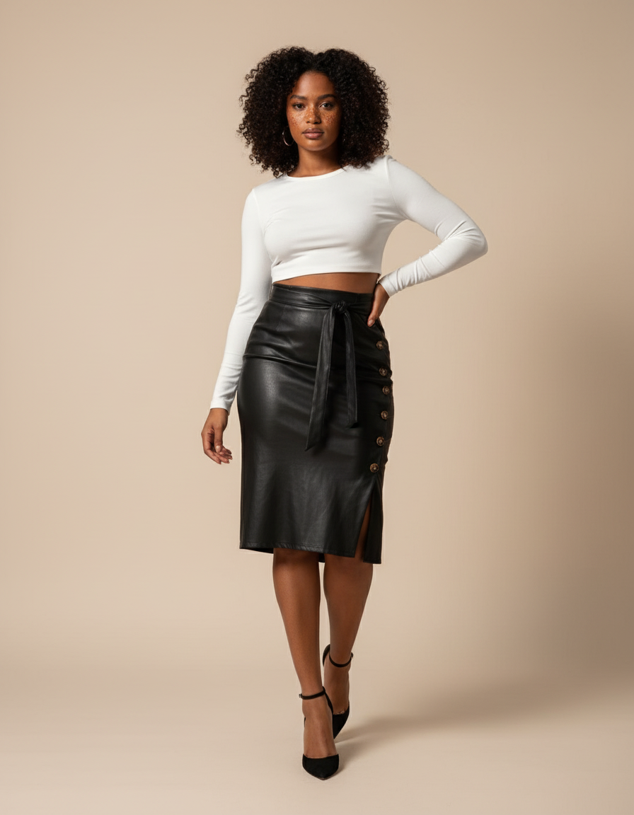 Jupe Midi Simili Cuir Boutonnée Chic