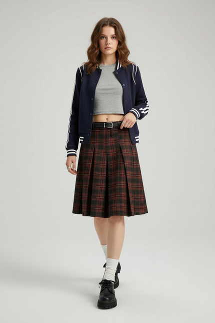 Jupe Midi Plissée Écossaise Preppy