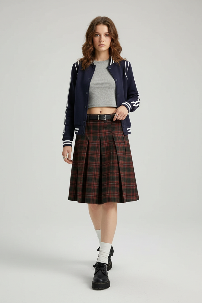 Jupe Midi Plissée Écossaise Preppy