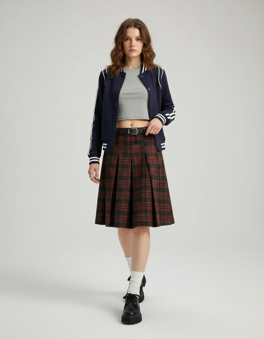 Jupe Midi Plissée Écossaise Preppy
