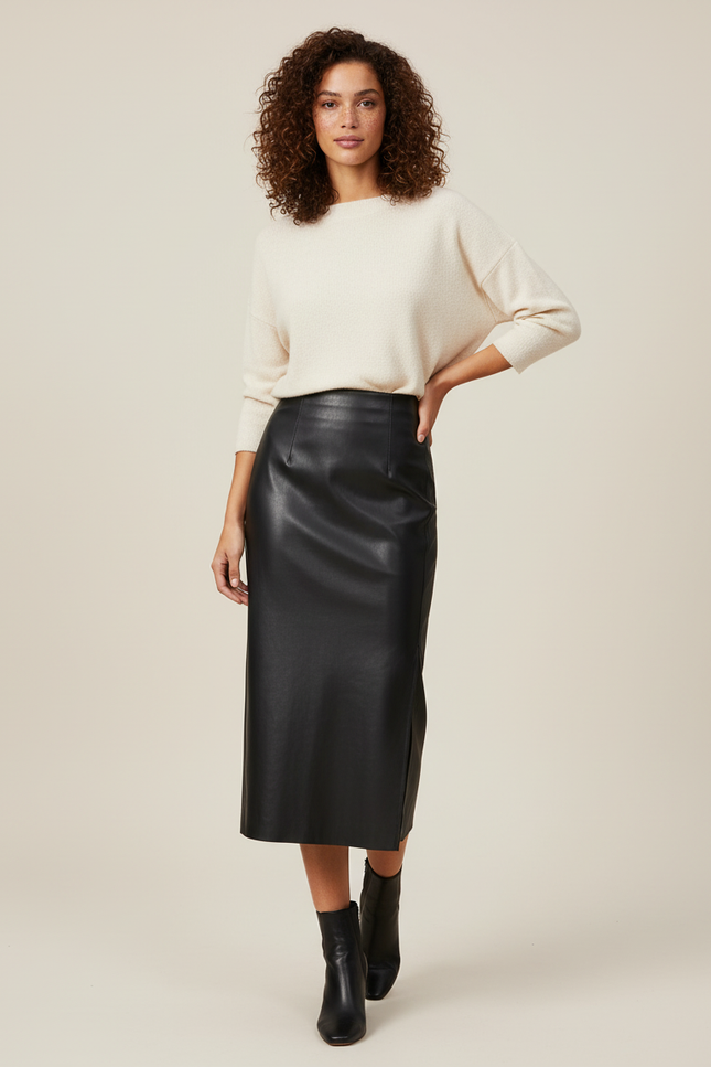 Jupe Midi Simili Cuir Fente Chic structurée