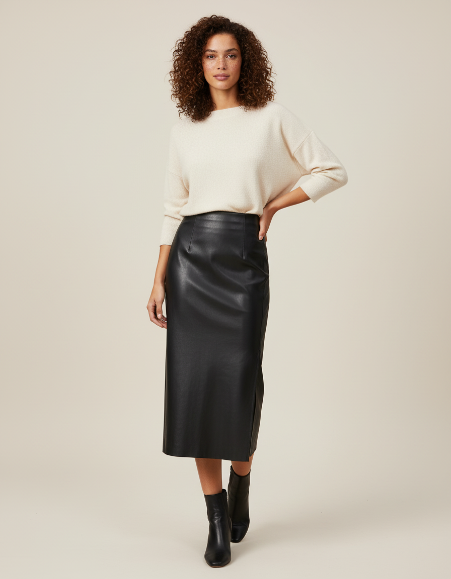 Jupe Midi Simili Cuir Fente Chic structurée