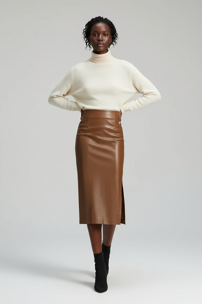 Jupe Midi Marron Similicuir Chic tendance