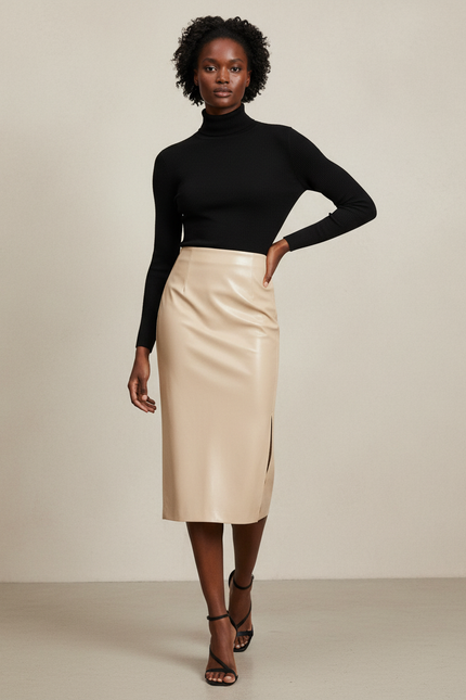 Jupe Midi Beige Similicuir Chic