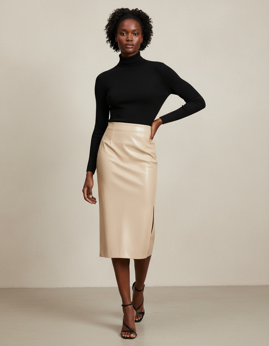 Jupe Midi Beige Similicuir Chic