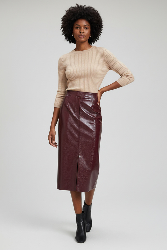 Jupe Midi Bordeaux Brillante Élégante