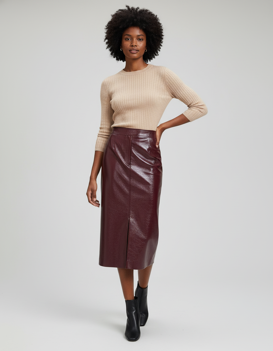 Jupe Midi Bordeaux Brillante Élégante