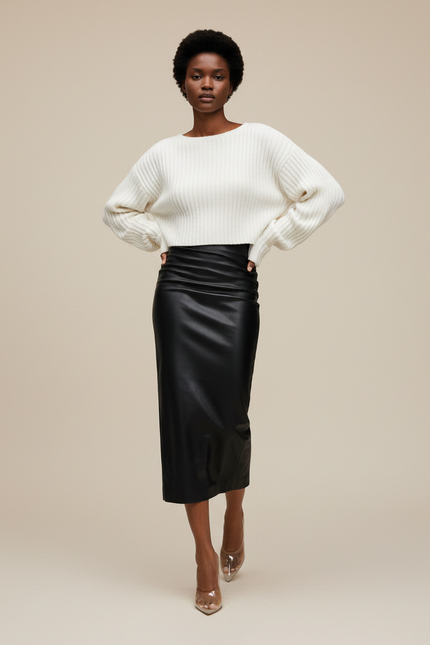 Jupe Midi Noire Simili Cuir Élégante