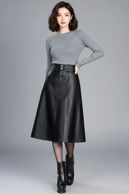Jupe Midi Noire Simili Cuir Élégante urbaine