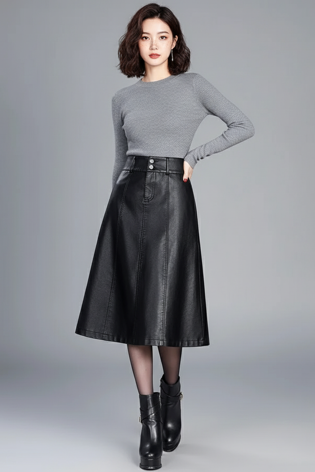 Jupe Midi Noire Simili Cuir Élégante urbaine