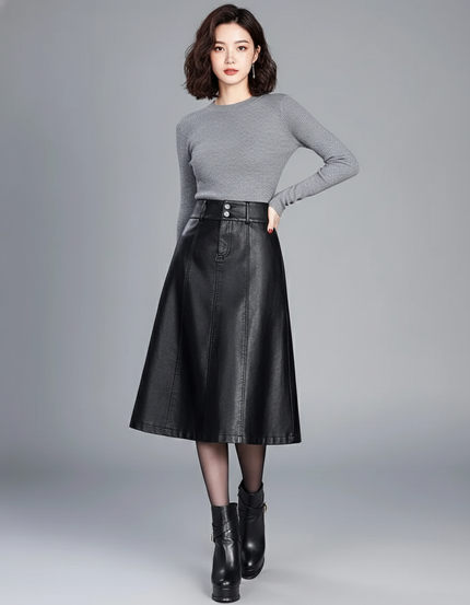 Jupe Midi Noire Simili Cuir Élégante urbaine