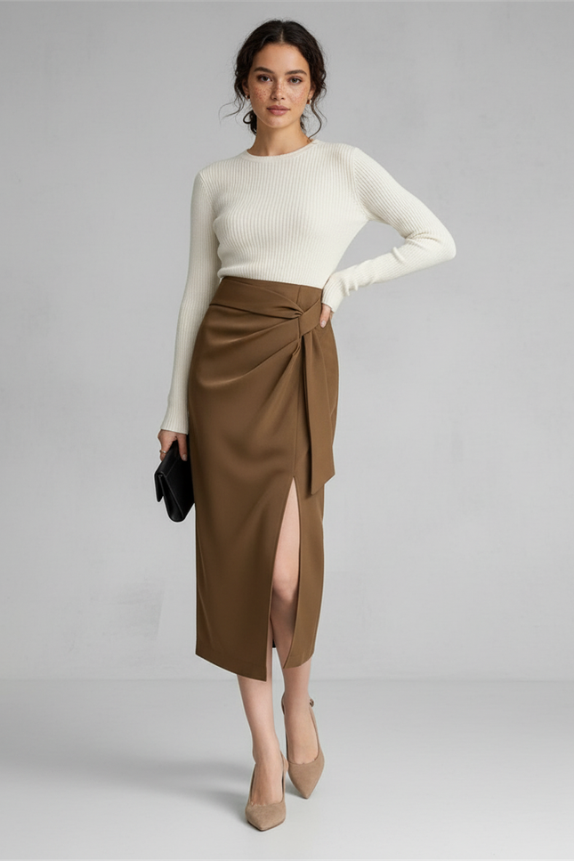 Jupe Midi Marron Portefeuille Chic