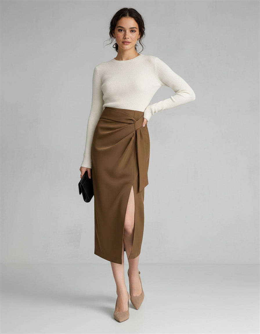 Jupe Midi Marron Portefeuille Chic