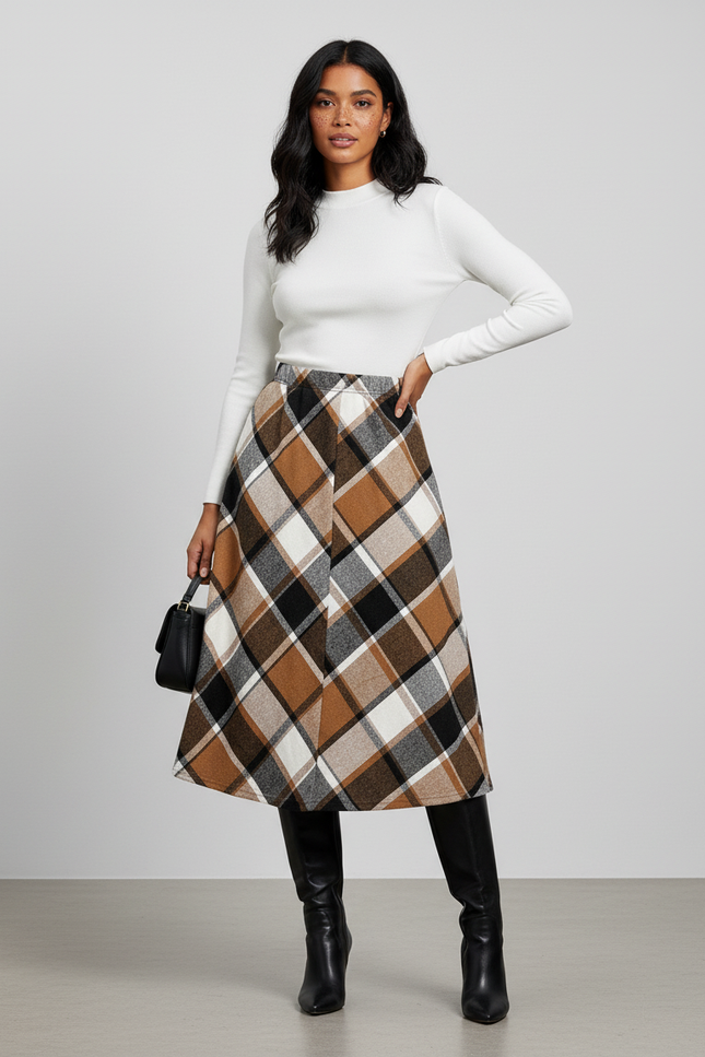 Jupe Midi Carreaux A-Line Élégante