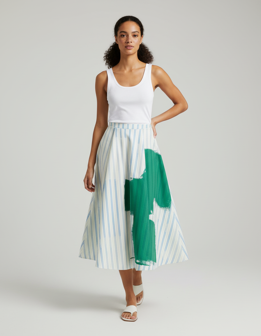 Jupe Midi Rayée Imprimé Vert Fluide