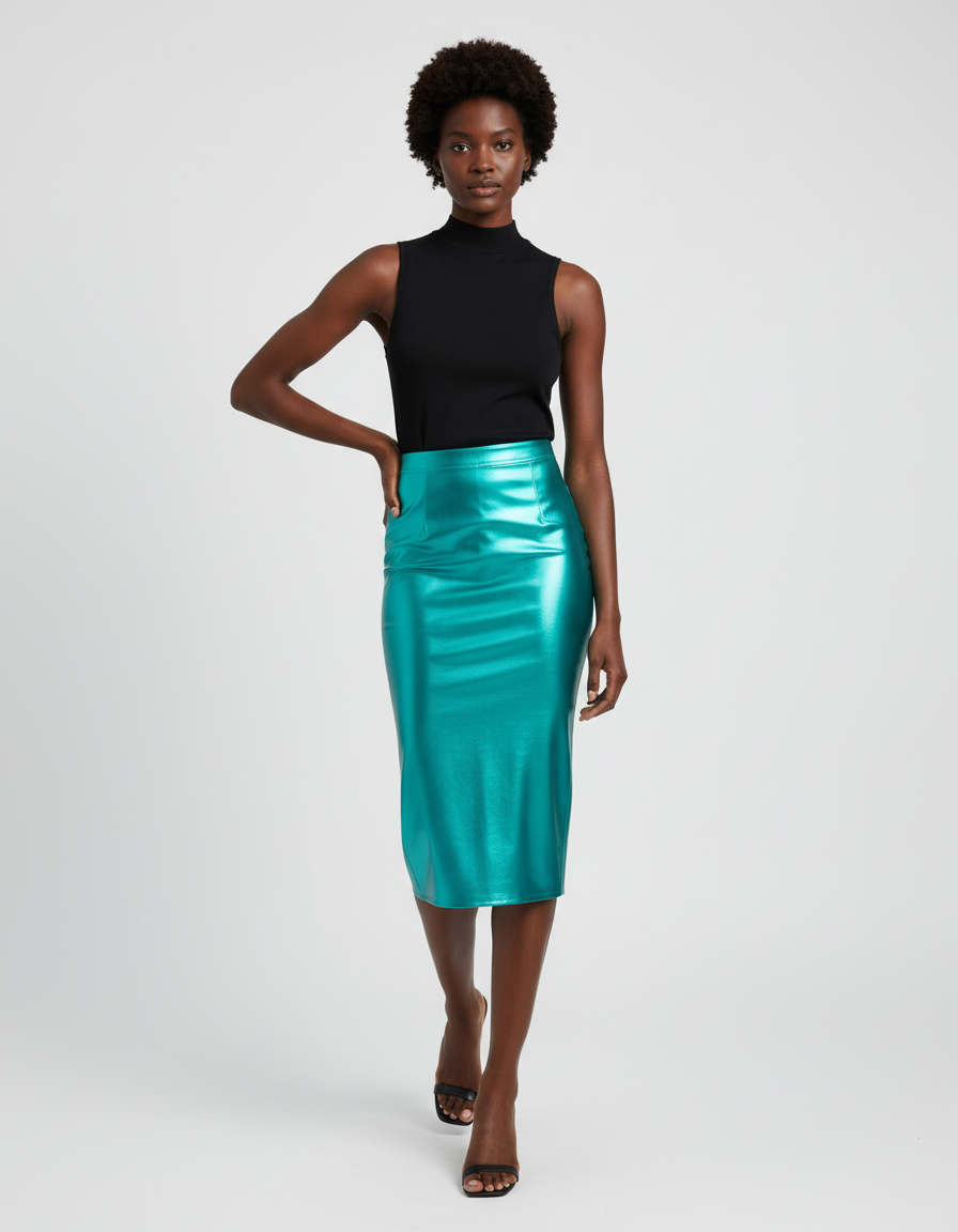 Jupe Midi Brillante Turquoise Chic